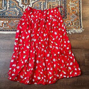 J. Crew Red Floral Side-Tie Ramie Midi Skirt XS EUC